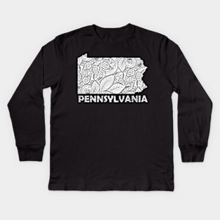 Mandala art map of Pennsylvania with text in white Kids Long Sleeve T-Shirt